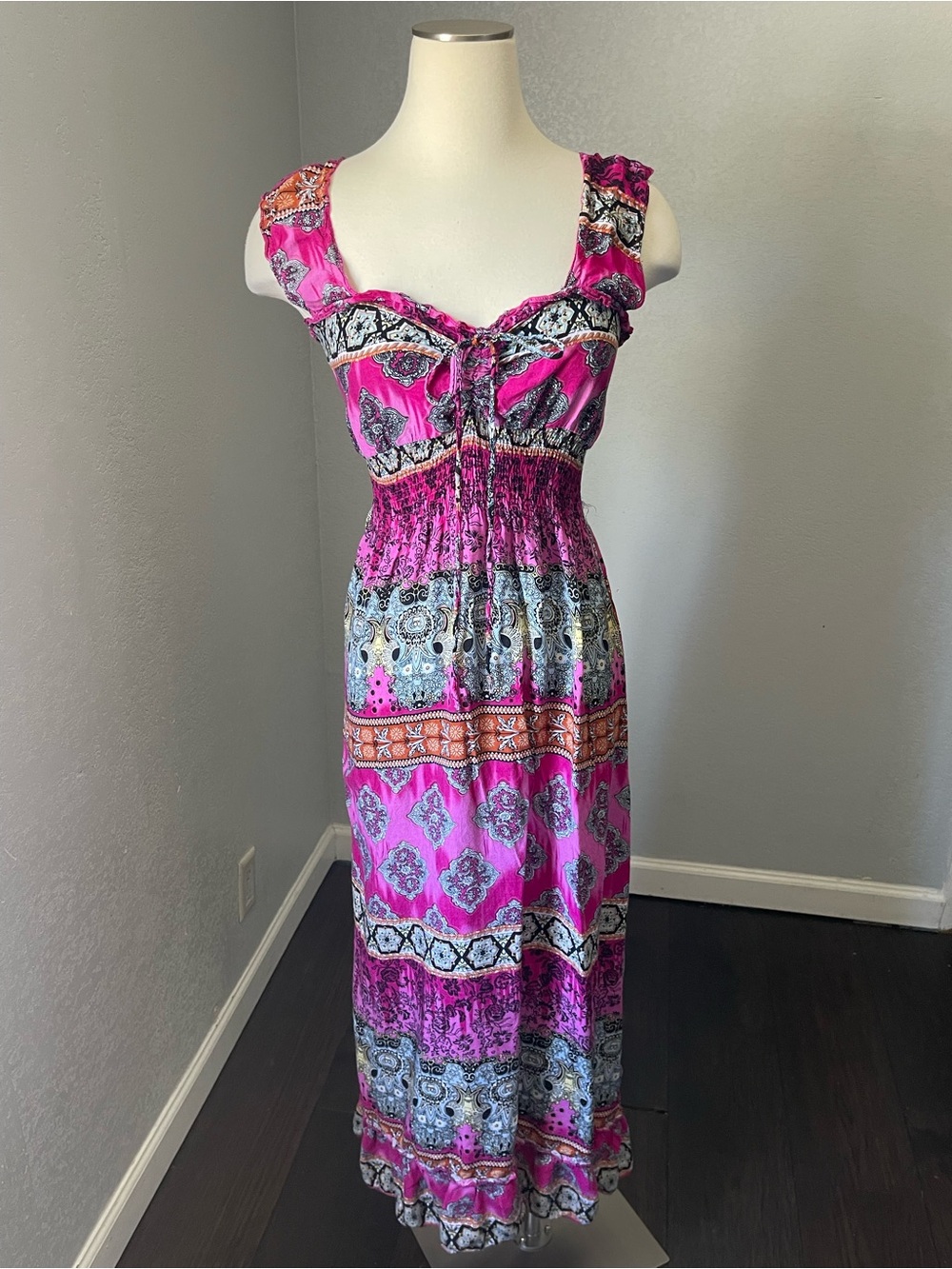 Fuchsia Patterned Maxi Dress with Smocked Waist